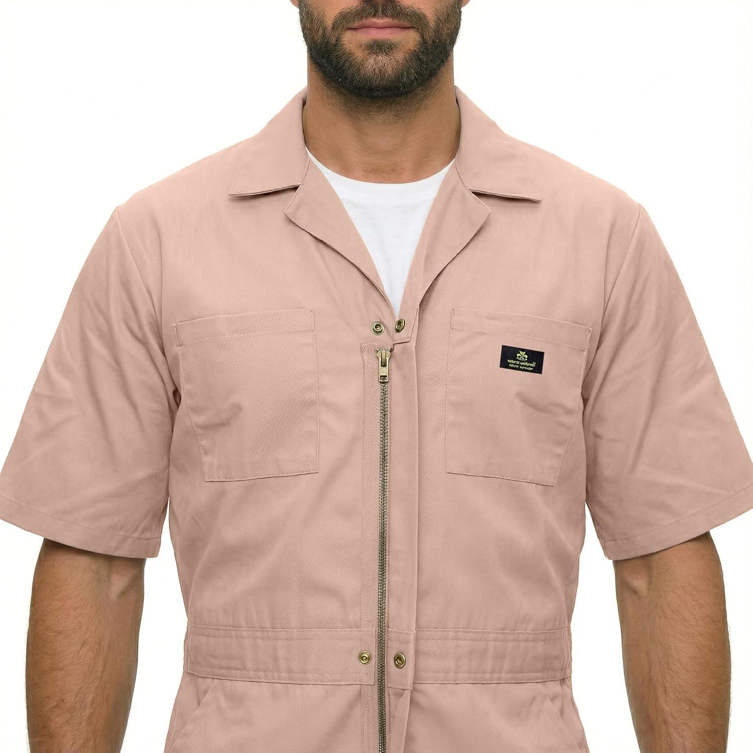 imageNatural Uniforms Mens Short Sleeve Zip Up Coverall Stain and Wrinkle Resistant Hunter Green MediumKhaki