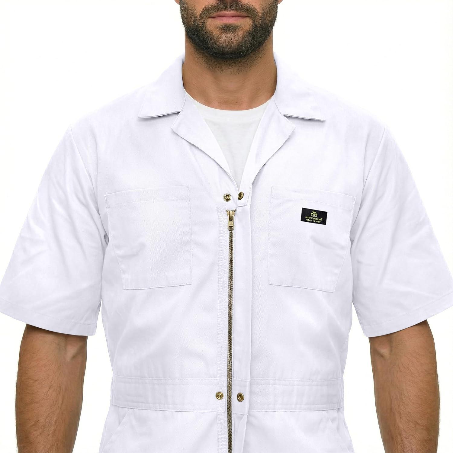 imageNatural Uniforms Mens Short Sleeve Zip Up Coverall Stain and Wrinkle Resistant Hunter Green MediumWhite Tall