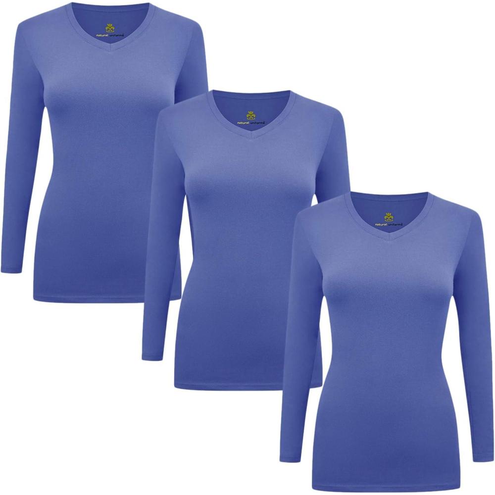 imageMampM Scrubs Womens Long Sleeve VNeck Under Scrub Stretch TShirt3PackCeil Blue