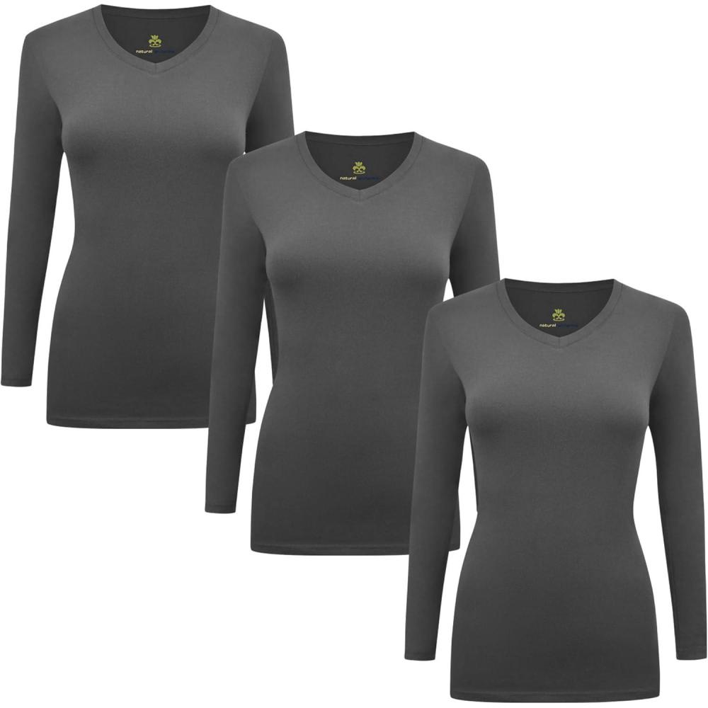 imageMampM Scrubs Womens Long Sleeve VNeck Under Scrub Stretch TShirt3PackCharcoal
