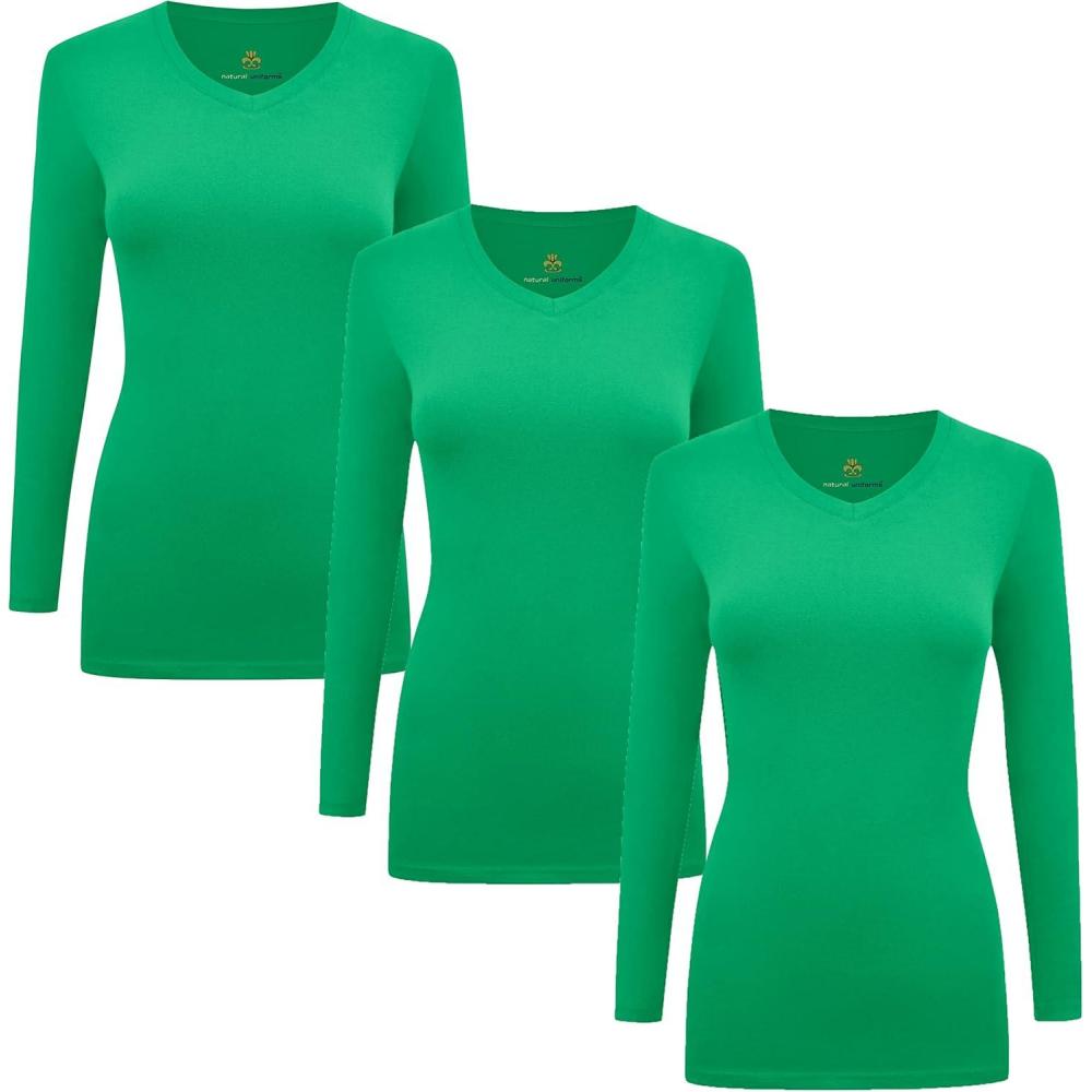imageMampM Scrubs Womens Long Sleeve VNeck Under Scrub Stretch TShirt3PackGreen