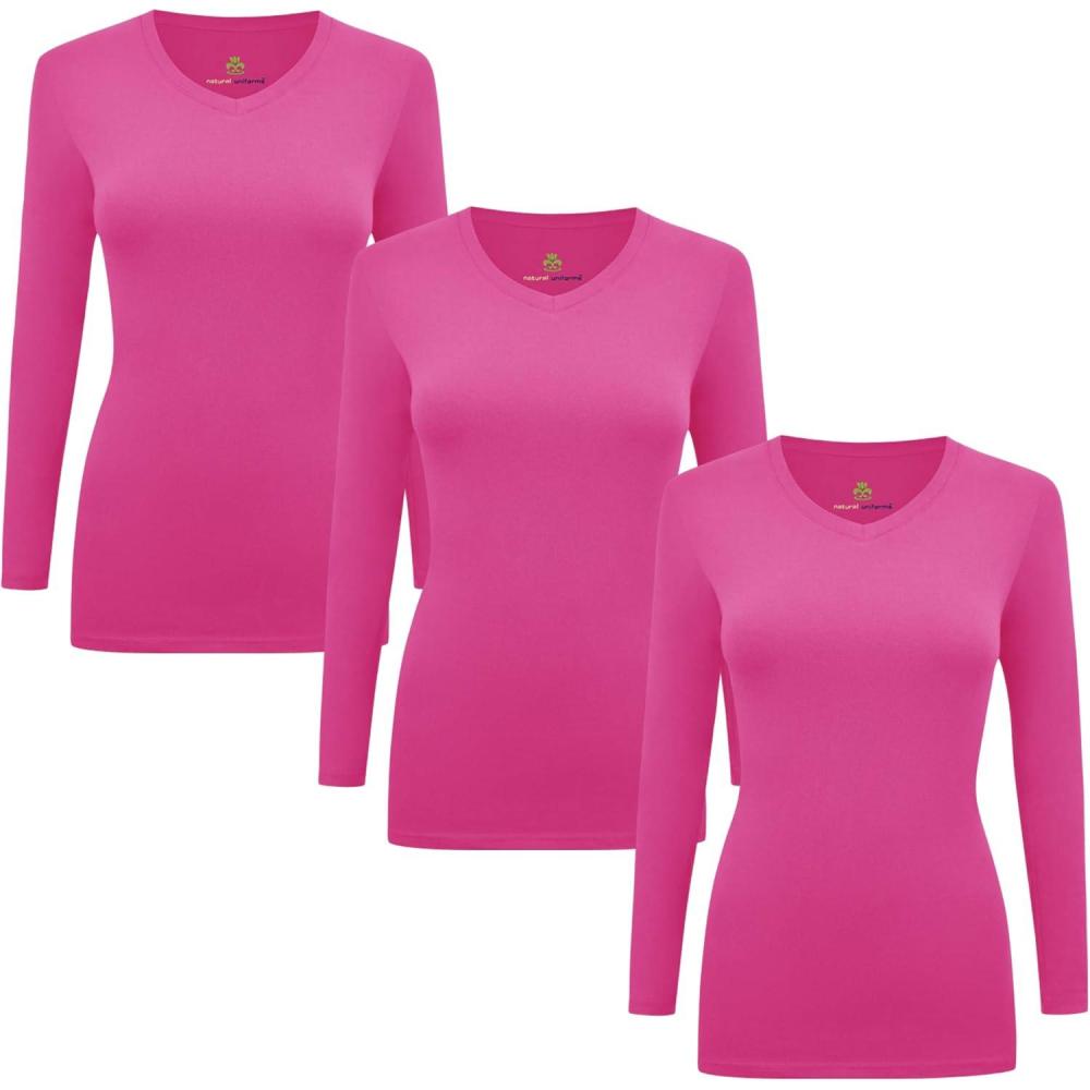 imageMampM Scrubs Womens Long Sleeve VNeck Under Scrub Stretch TShirt3PackHot Pink