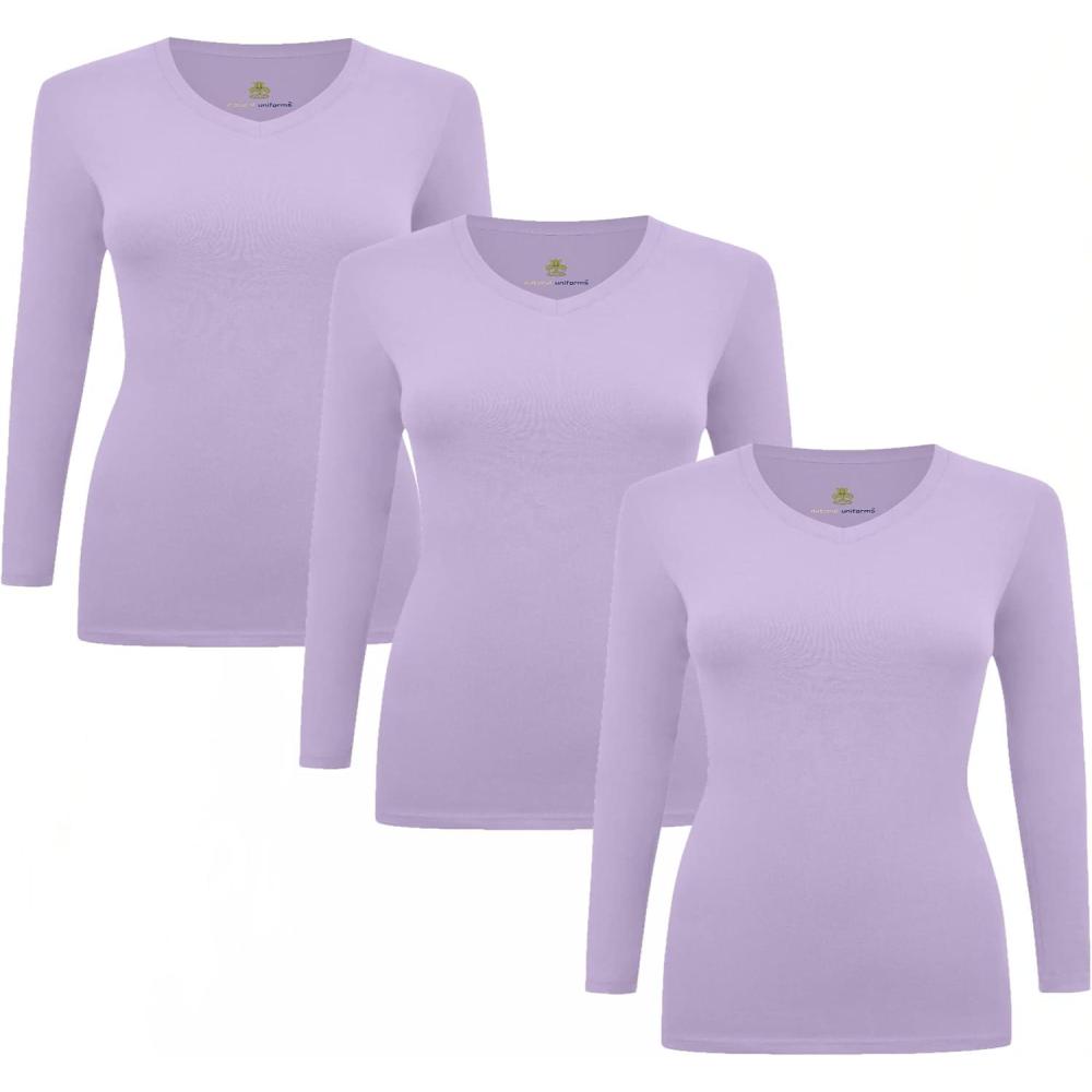 imageMampM Scrubs Womens Long Sleeve VNeck Under Scrub Stretch TShirt3PackLavender