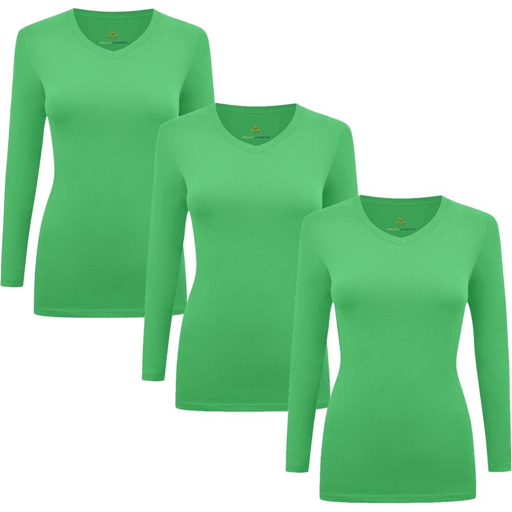 imageMampM Scrubs Womens Long Sleeve VNeck Under Scrub Stretch TShirt3PackLight Green