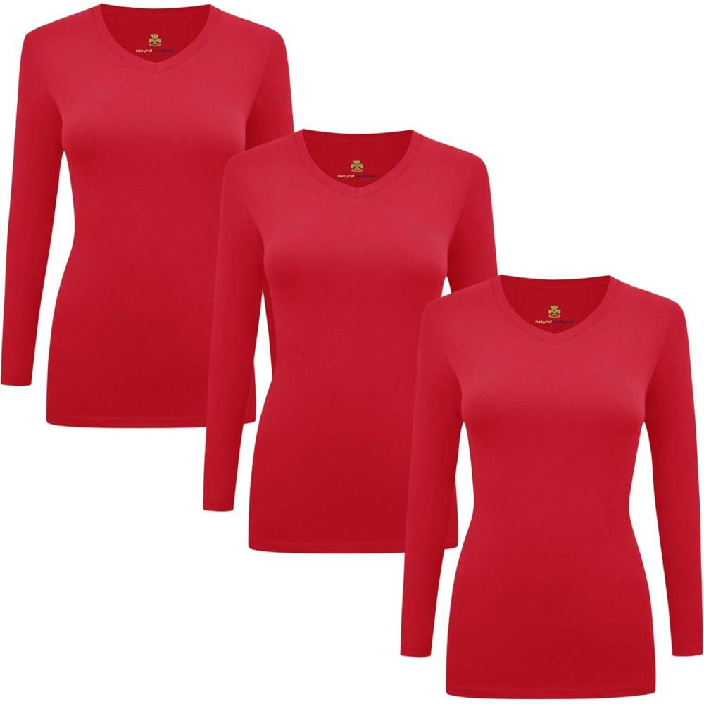 imageMampM Scrubs Womens Long Sleeve VNeck Under Scrub Stretch TShirt3PackRed
