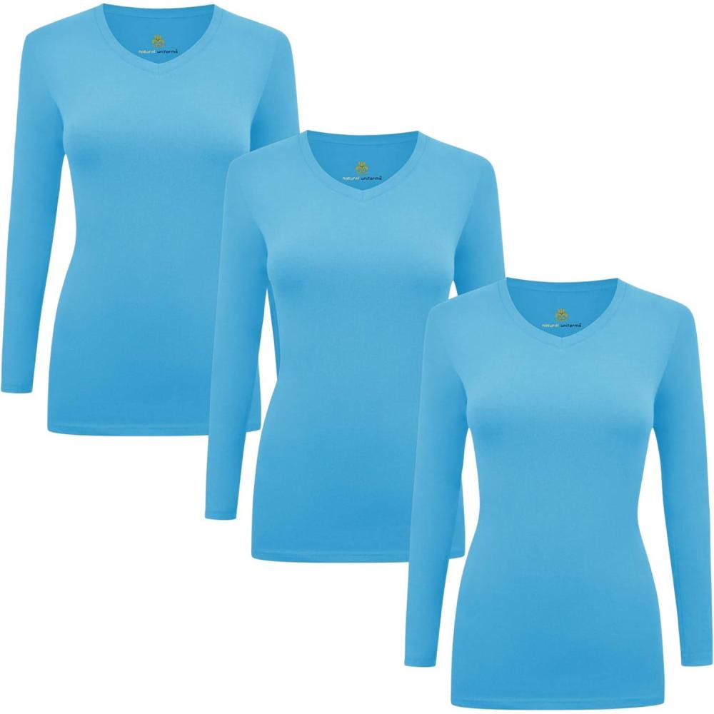 imageMampM Scrubs Womens Long Sleeve VNeck Under Scrub Stretch TShirt3PackWater Blue