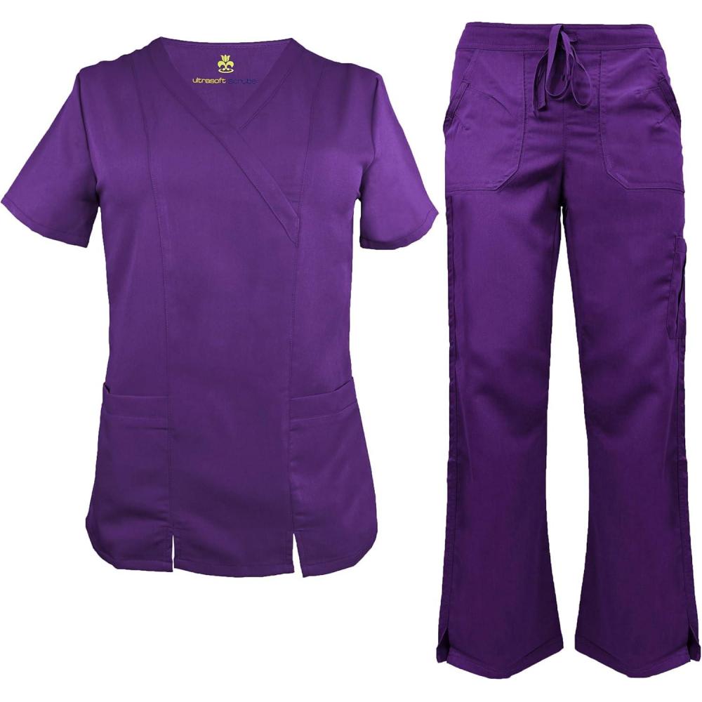 imageSoft Premium Professional WorkWear 2 Pocket Cross Over Tunic Top and Pant Set 81199118Purple