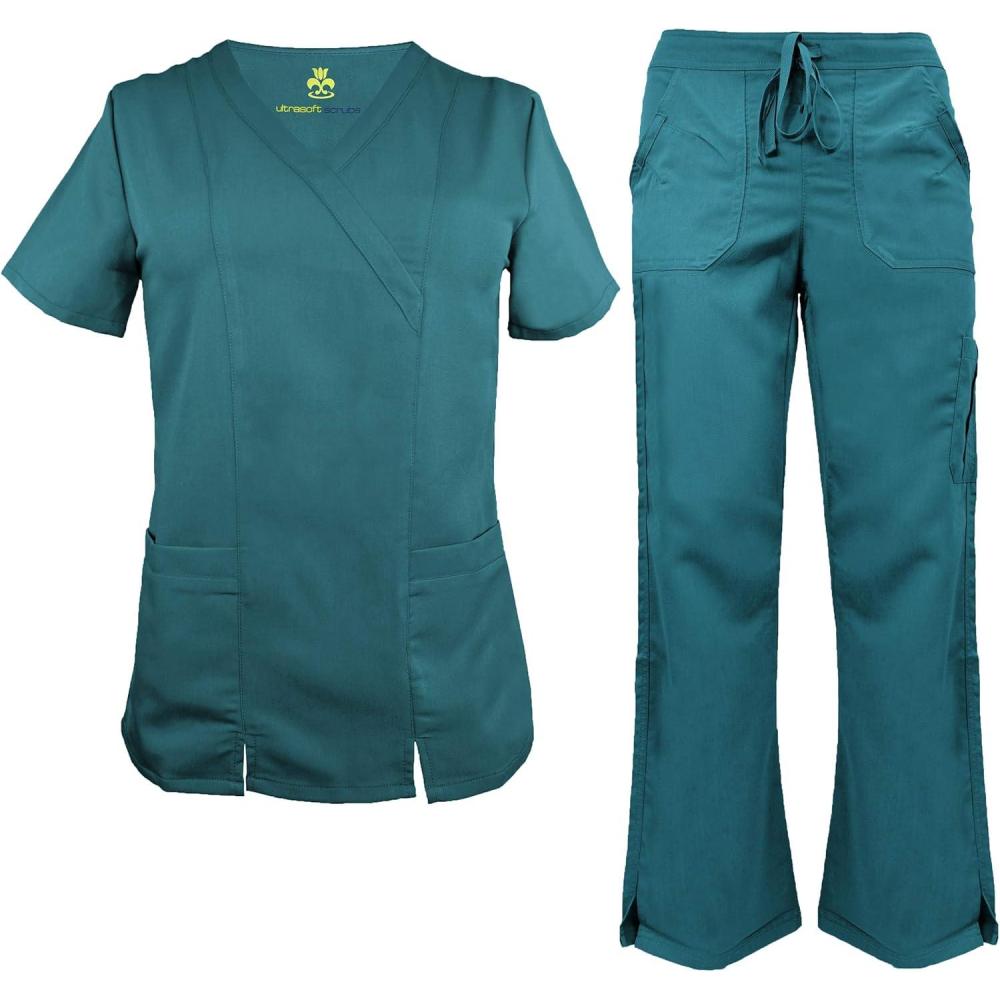 imageSoft Premium Professional WorkWear 2 Pocket Cross Over Tunic Top and Pant Set 81199118Teal