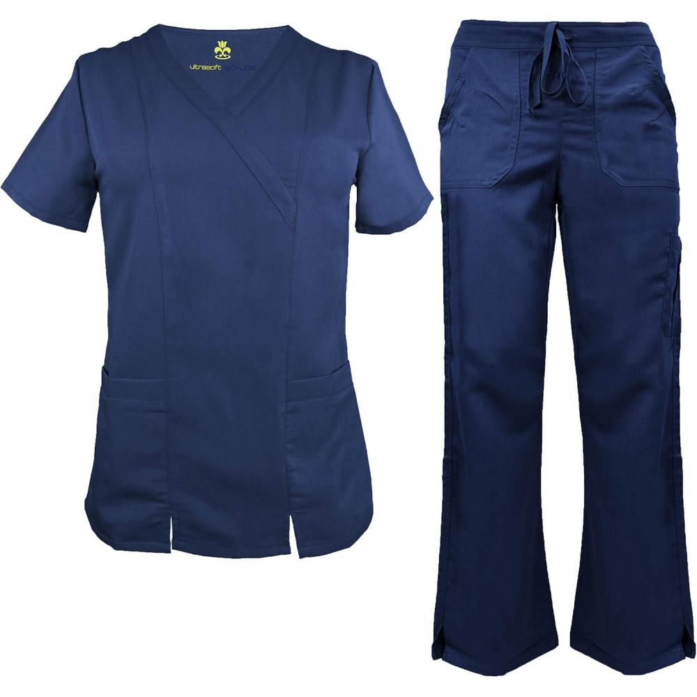 imageSoft Premium Professional WorkWear 2 Pocket Cross Over Tunic Top and Pant Set 81199118True Navy Blue