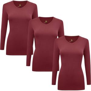 M&M Scrubs Women’s Long Sleeve V-Neck Under Scrub Stretch T-Shirt-3-Pack(Burgundy)