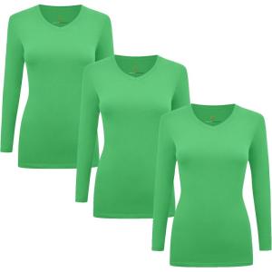 M&M Scrubs Women’s Long Sleeve V-Neck Under Scrub Stretch T-Shirt-3-Pack(Light Green)