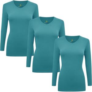 M&M Scrubs Women’s Long Sleeve V-Neck Under Scrub Stretch T-Shirt-3-Pack(Teal Blue)