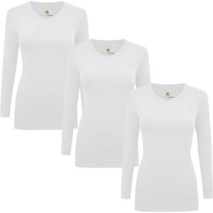 M&M Scrubs Women’s Long Sleeve V-Neck Under Scrub Stretch T-Shirt-3-Pack(White)