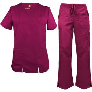Soft Premium Professional Work-Wear 2 Pocket Cross Over Tunic Top and Pant Set 8119-9118(Burgundy)