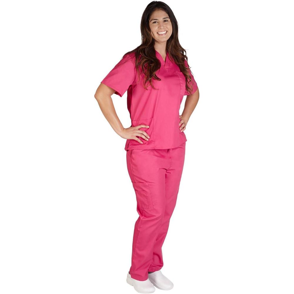 imageNatural Uniforms Solid VNeck Womens Scrub Set Medical Scrub Tops and Pants Medium Hot Pink