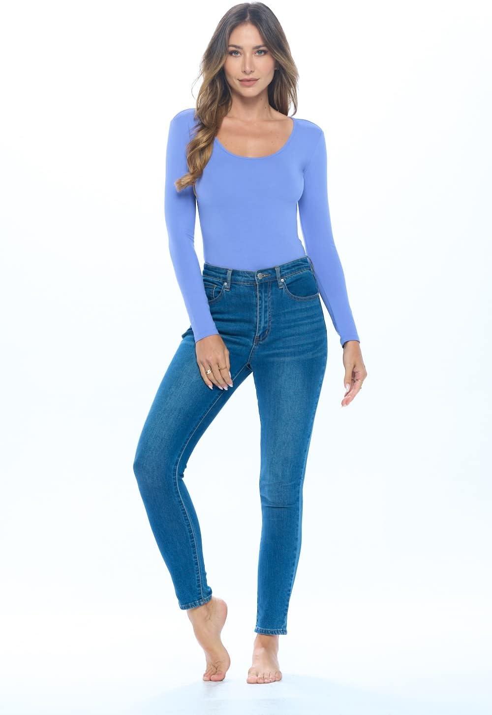 imageNatural Uniforms Long Sleeve Scoop Neck Body SuitBreathable Cotton StretchCeil Blue