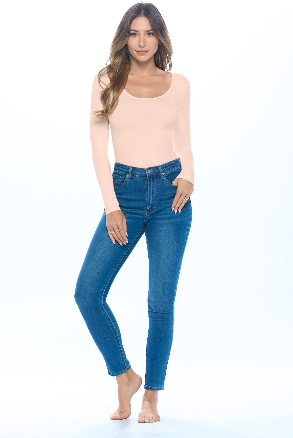 imageNatural Uniforms Long Sleeve Scoop Neck Body SuitBreathable Cotton StretchNude
