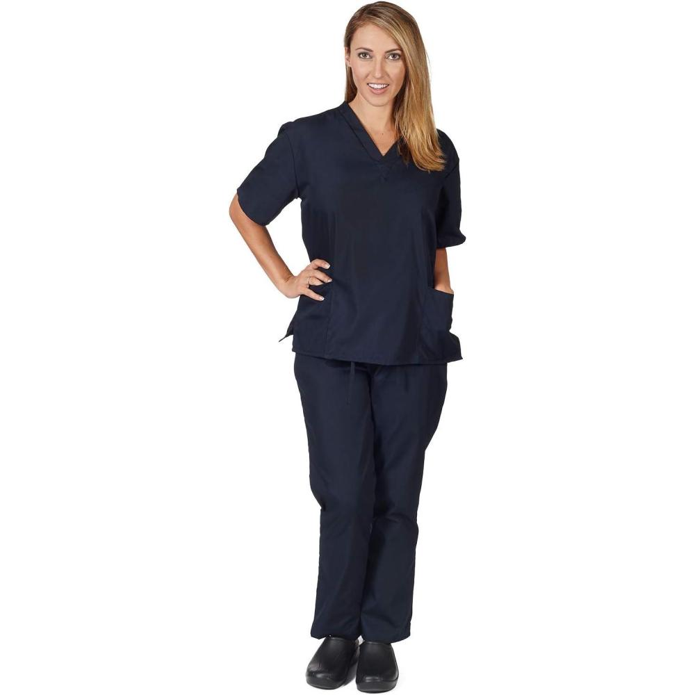 imageNatural Uniforms Solid VNeck Womens Scrub Set Medical Scrub Tops and Pants XXSmall Dark Navy Blue