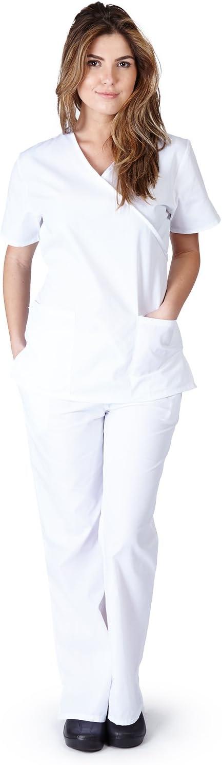 imageNatural Uniforms Mock Wrap Womens Scrub Set Medical Scrub Top and PantsWhite