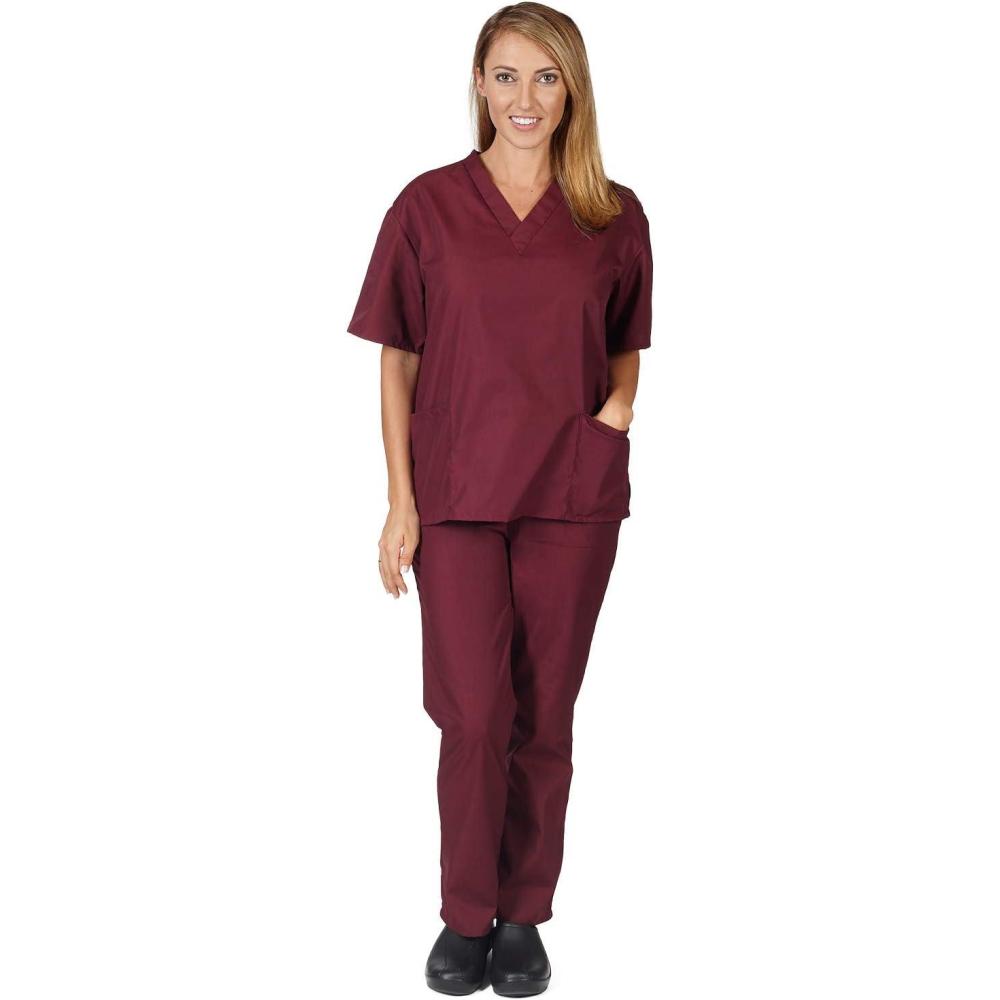imageNatural Uniforms Solid VNeck Womens Scrub Set Medical Scrub Tops and Pants Large Burgundy