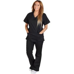 Natural Uniforms Mock Wrap Women’s Scrub Set Medical Scrub Top and Pants(Black)