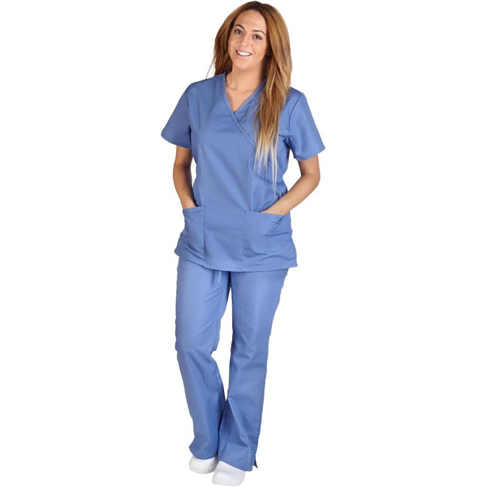 imageMampM Scrubs Women Mock WrapFlare Pant Set Medical Scrub Set S Ceil Blue