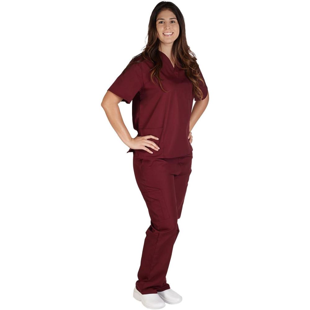 imageNatural Uniforms Solid VNeck Womens Scrub Set Medical Scrub Tops and Pants Medium Burgundy
