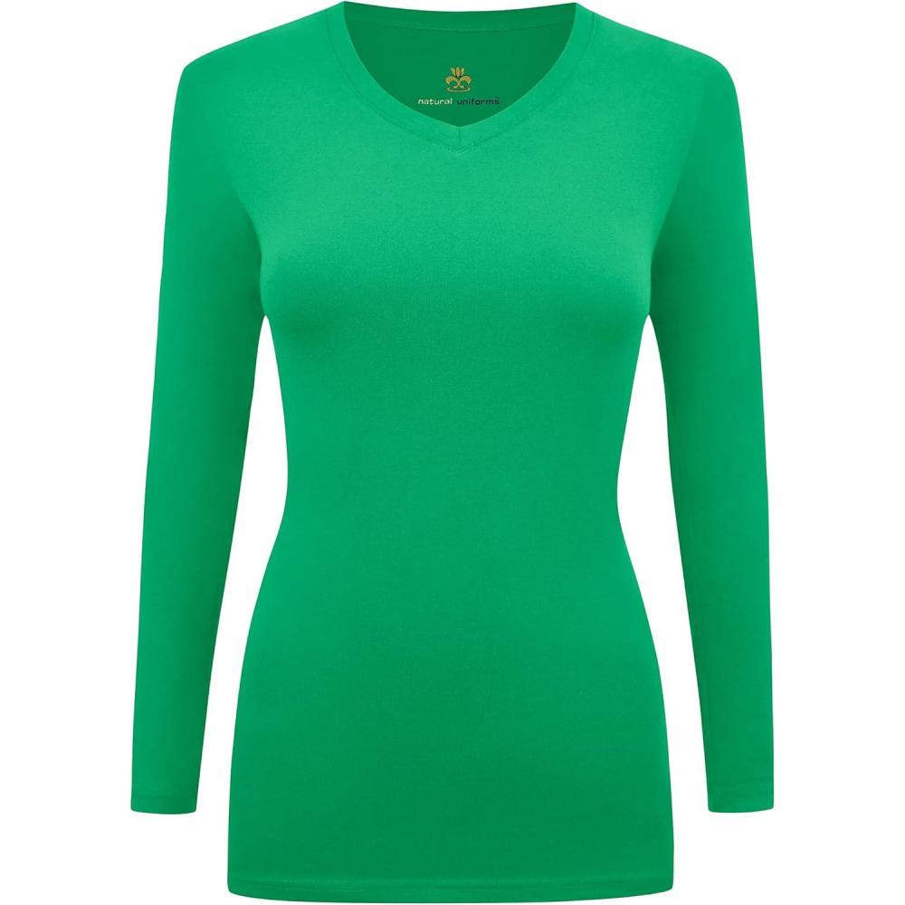 imageNatural Uniforms Womens Long Sleeve Underscrub VNeck TShirt Cotton Blend Layer for Nurses amp Medical ProfessionalsGreen