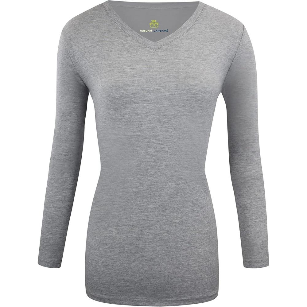 imageNatural Uniforms Womens Long Sleeve Underscrub VNeck TShirt  Cotton Blend Layer for Nurses amp Medical ProfessionalsHeather Charcoal