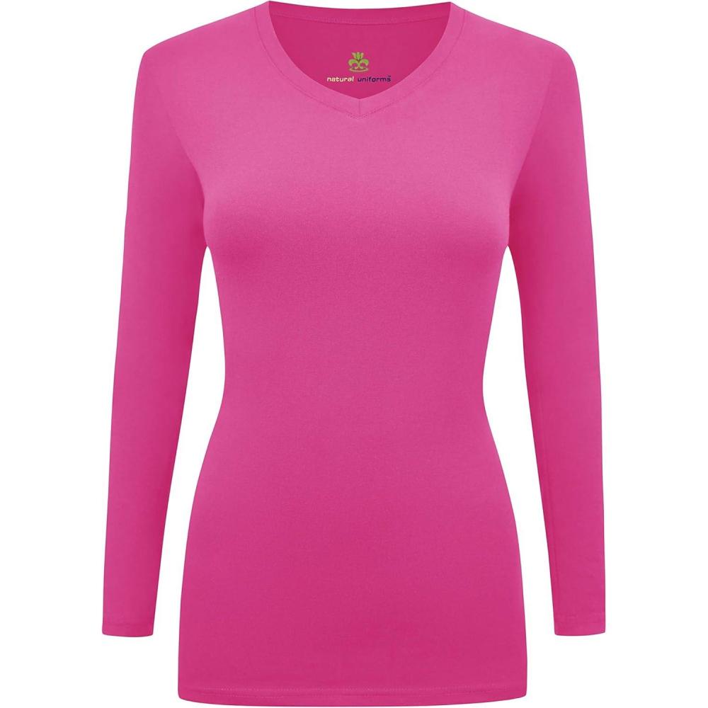 imageNatural Uniforms Womens Long Sleeve Underscrub VNeck TShirt Cotton Blend Layer for Nurses amp Medical ProfessionalsHot Pink