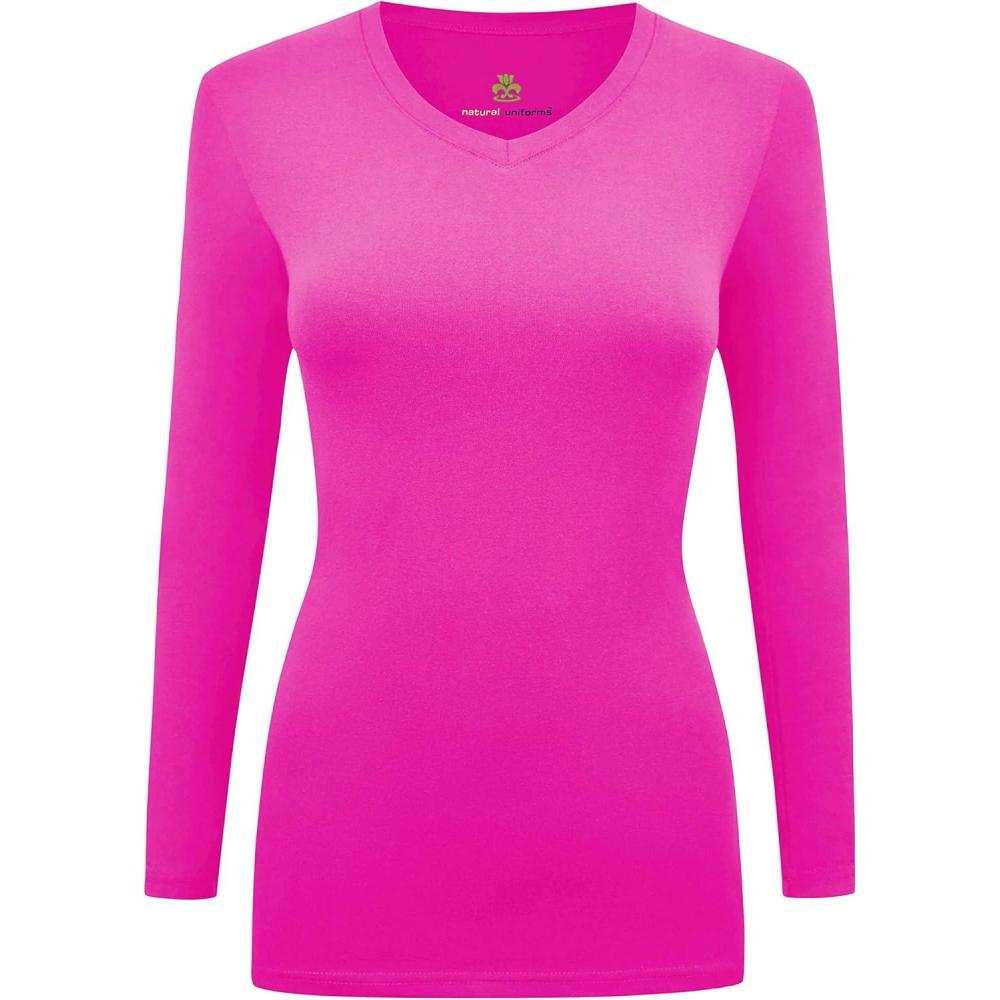 imageNatural Uniforms Womens Long Sleeve Underscrub VNeck TShirt Cotton Blend Layer for Nurses amp Medical ProfessionalsNeon Pink