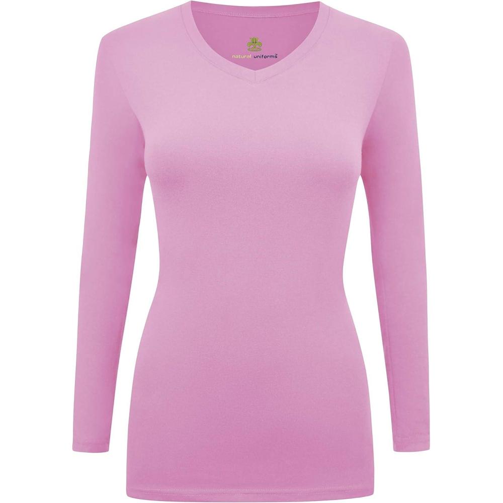 imageNatural Uniforms Womens Long Sleeve Underscrub VNeck TShirt Cotton Blend Layer for Nurses amp Medical ProfessionalsPink