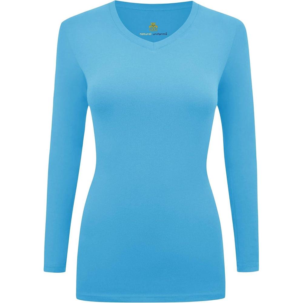 imageNatural Uniforms Womens Long Sleeve Underscrub VNeck TShirt Cotton Blend Layer for Nurses amp Medical ProfessionalsWater Blue