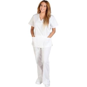 M&M Scrubs Women Mock Wrap/Flare Pant Set Medical Scrub Set S White