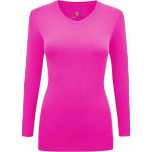Natural Uniforms Women’s Long Sleeve Underscrub V-Neck T-Shirt – Cotton Blend Layer for Nurses & Medical Professionals(Neon Pink)