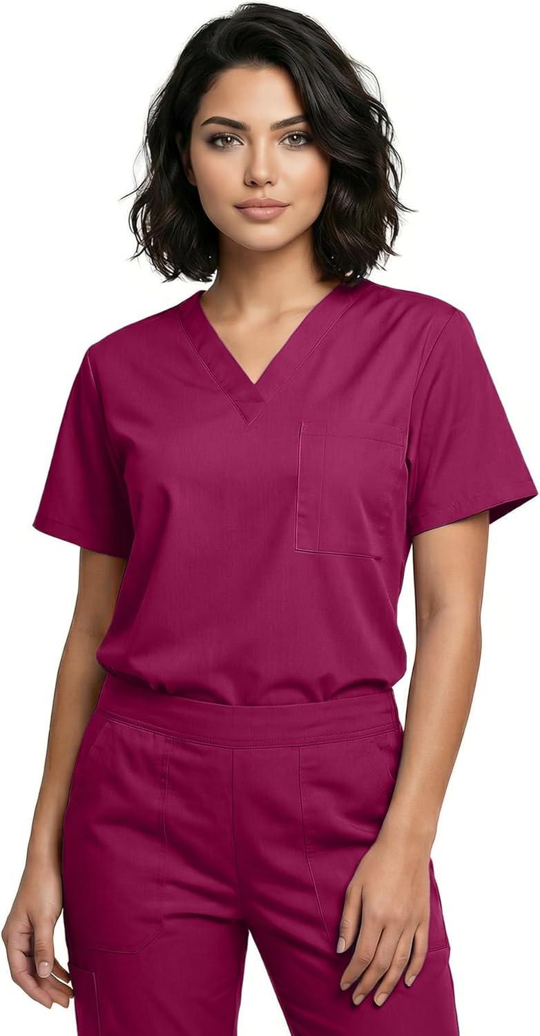 imageNatural Uniforms Unisex 3Pocket Scrub Top VNeck Medical Nursing ShirtBurgundy