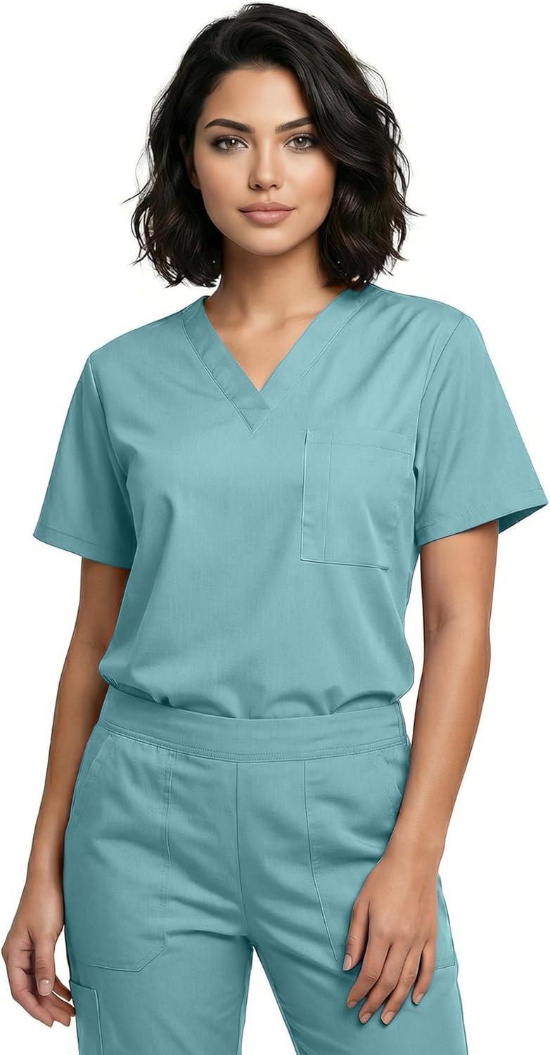 imageNatural Uniforms Unisex 3Pocket Scrub Top VNeck Medical Nursing ShirtMisty Green