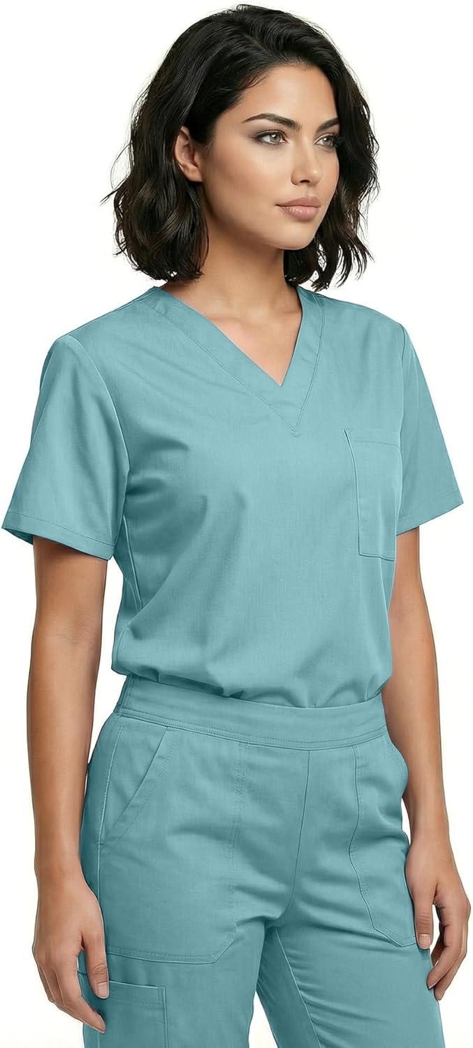 imageNatural Uniforms Unisex 3Pocket Scrub Top VNeck Medical Nursing ShirtMisty Green
