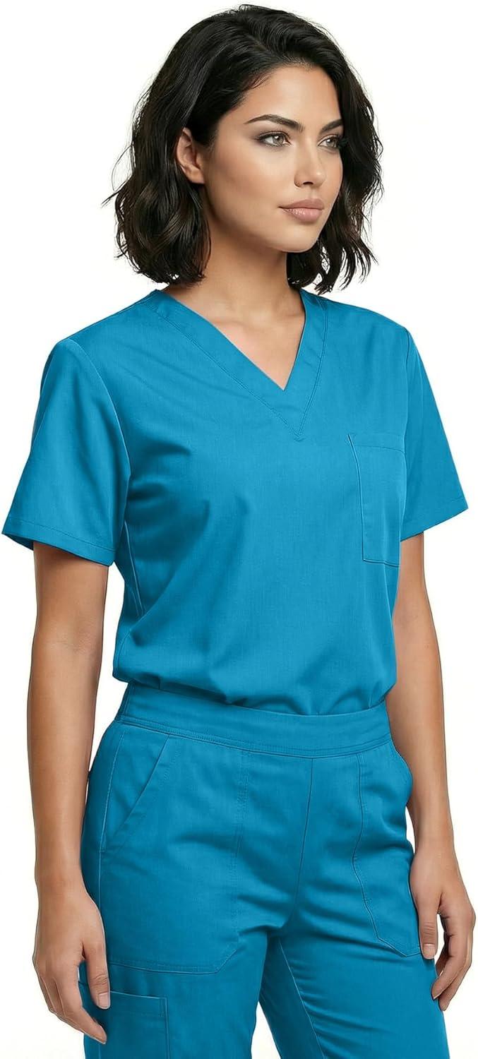 imageNatural Uniforms Unisex 3Pocket Scrub Top VNeck Medical Nursing ShirtTeal Blue