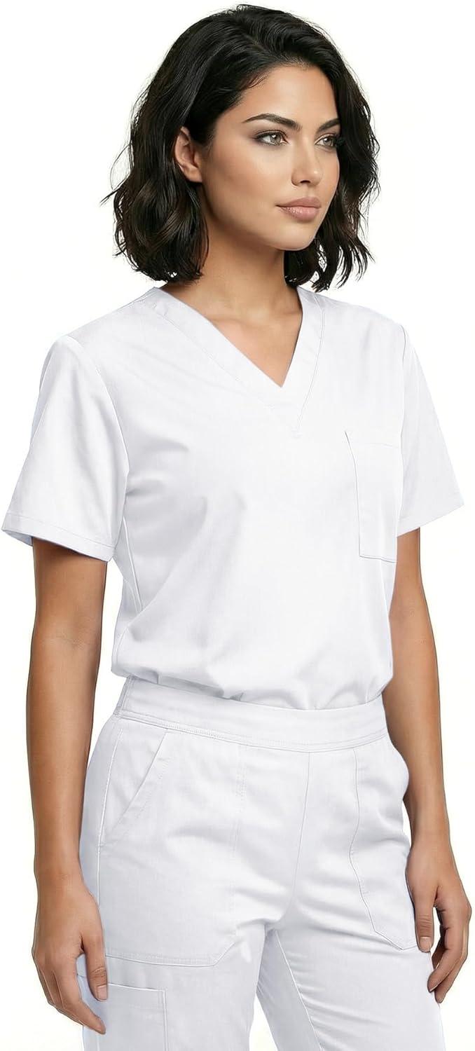 imageNatural Uniforms Unisex 3Pocket Scrub Top VNeck Medical Nursing ShirtWhite