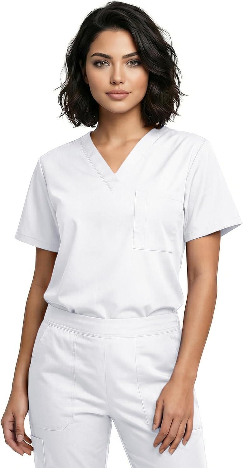 imageNatural Uniforms Unisex 3Pocket Scrub Top VNeck Medical Nursing ShirtWhite
