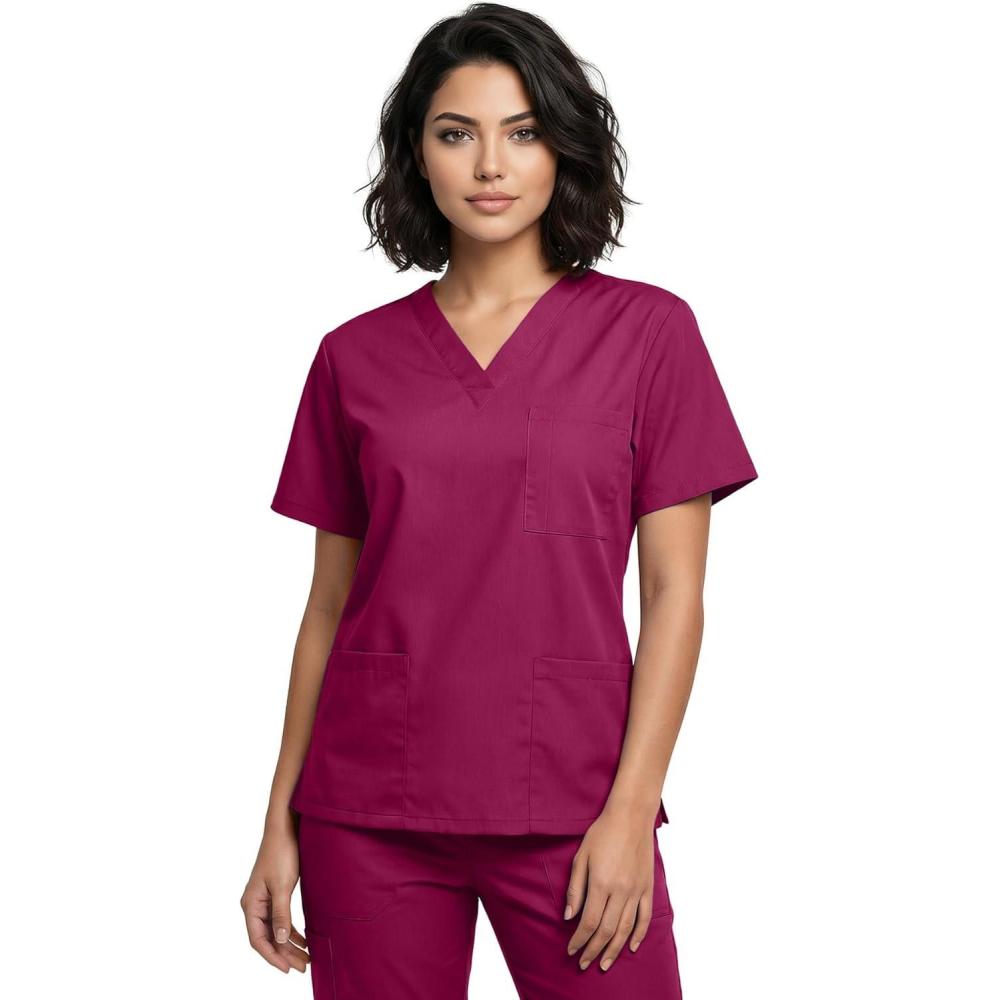 imageNatural Uniforms Unisex 3Pocket Scrub Top VNeck Medical Nursing ShirtBurgundy