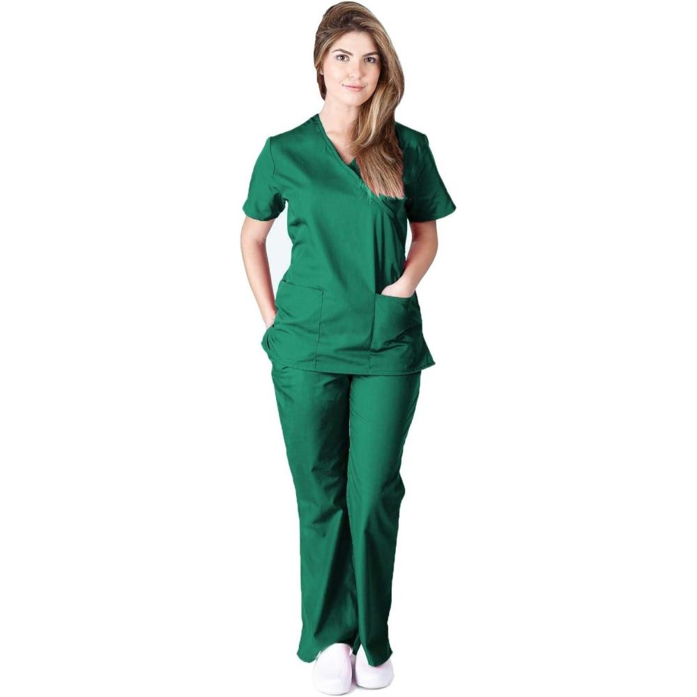 imageNatural Uniforms Womens Workwear Mock Wrap Top and Pants Medium True Hunter Green