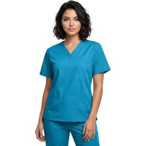 Natural Uniforms Unisex 3-Pocket Scrub Top, V-Neck Medical Nursing Shirt(Teal Blue)