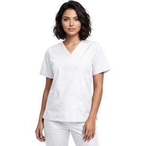 Natural Uniforms Unisex 3-Pocket Scrub Top, V-Neck Medical Nursing Shirt(White)