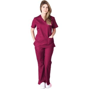 Natural Uniforms Women’s Workwear Mock Wrap Top and Pants (Medium, Burgundy)