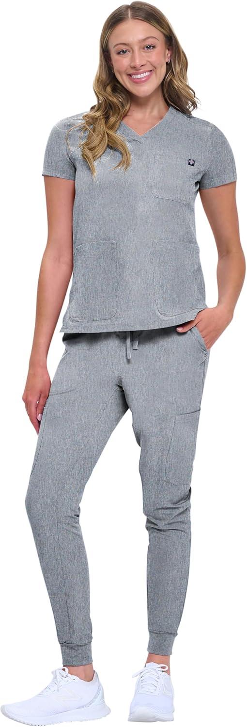 imageNatural Uniforms Womens 10 Pocket Cool Stretch Jogger Scrub SetHeather Grey