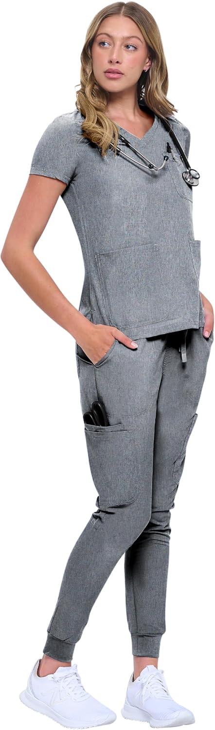 imageNatural Uniforms Womens 10 Pocket Cool Stretch Jogger Scrub SetHeather Grey