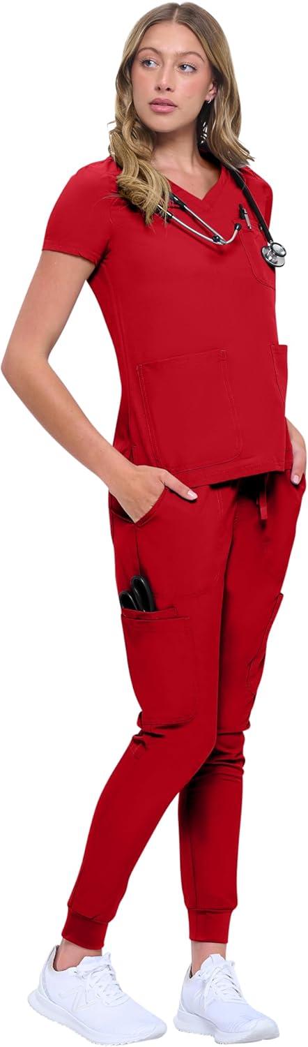 imageNatural Uniforms Womens 10 Pocket Cool Stretch Jogger Scrub SetRed