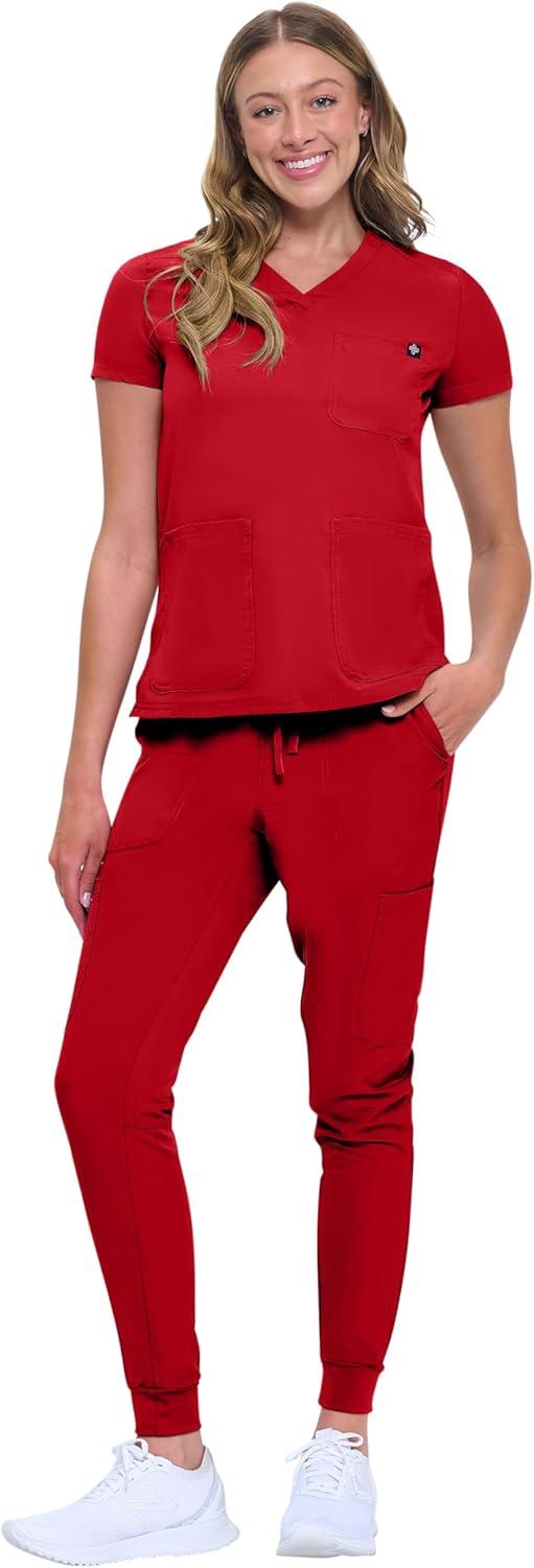 imageNatural Uniforms Womens 10 Pocket Cool Stretch Jogger Scrub SetRed